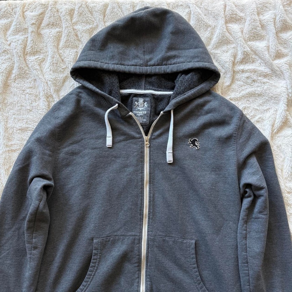 Express Men's XL Gray Full Zip Hoodie Embroidered Lion Logo